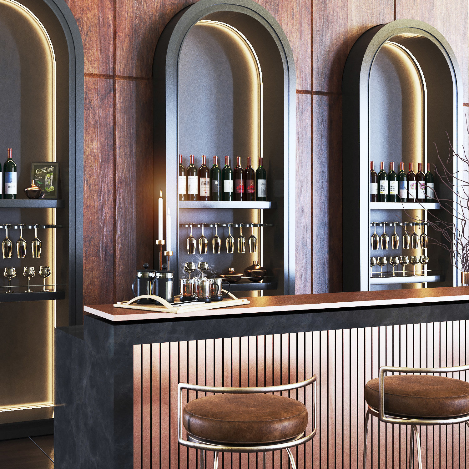 cafe01 bar with stools and wine bottles Low-poly 3D model_1