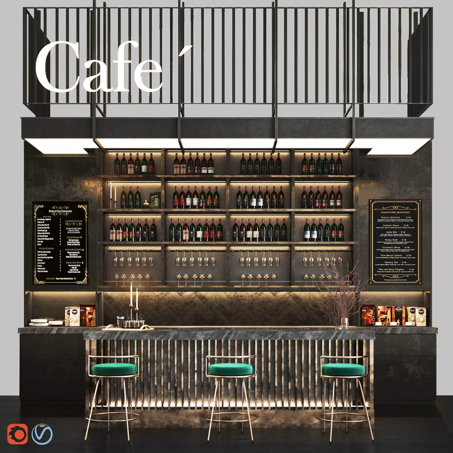 Cafe03 bar with shelves and railings Low-poly 3D model_0