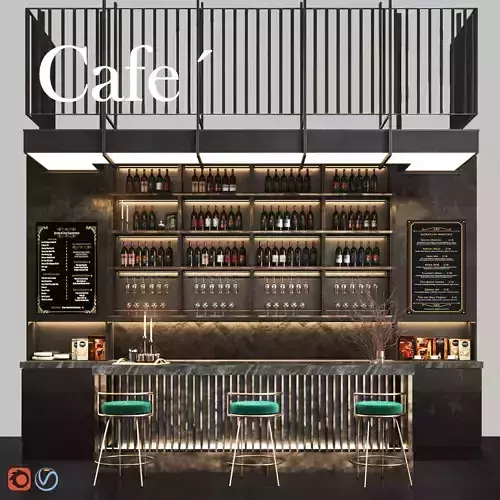 Cafe03 bar with shelves and railings Low-poly 3D model