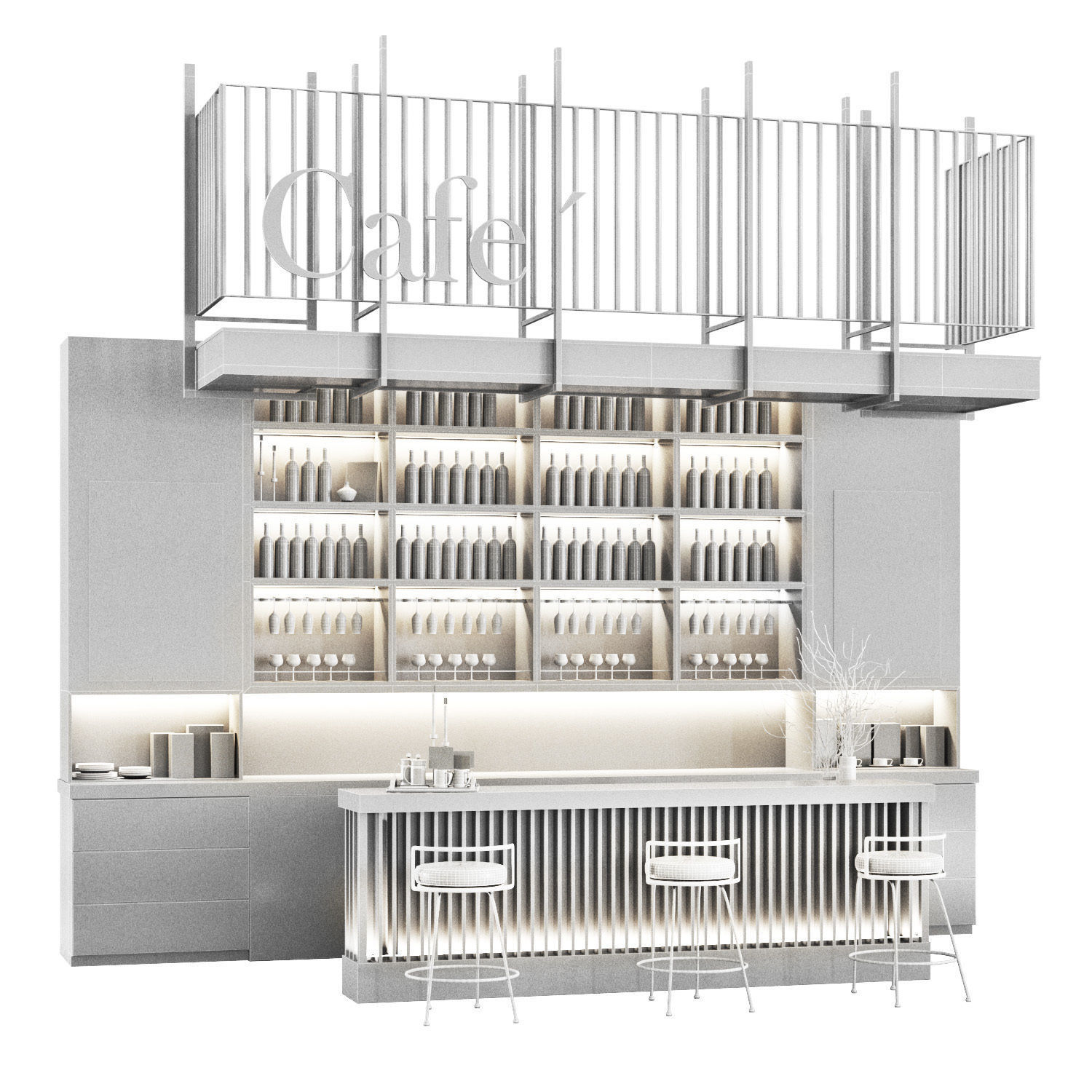 Cafe03 bar with shelves and railings Low-poly 3D model_3