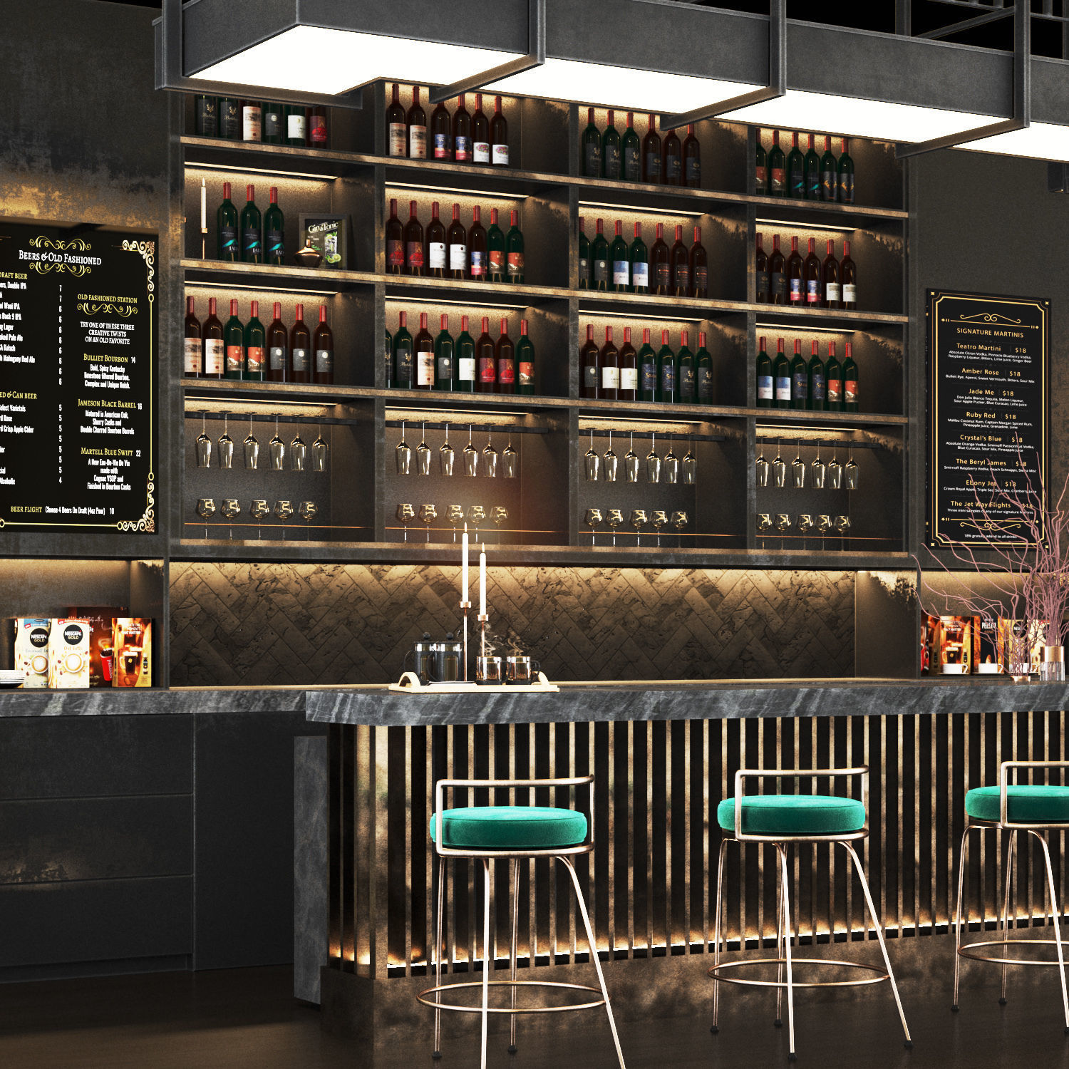 Cafe03 bar with shelves and railings Low-poly 3D model_1