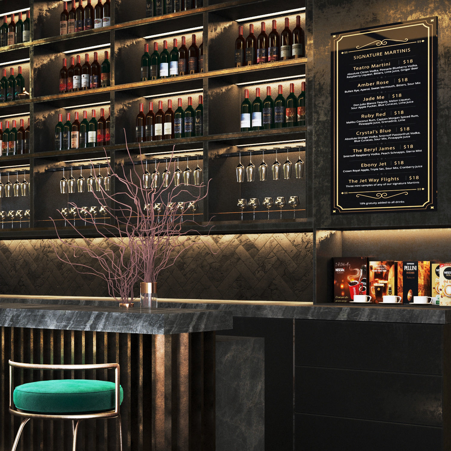 Cafe03 bar with shelves and railings Low-poly 3D model_2