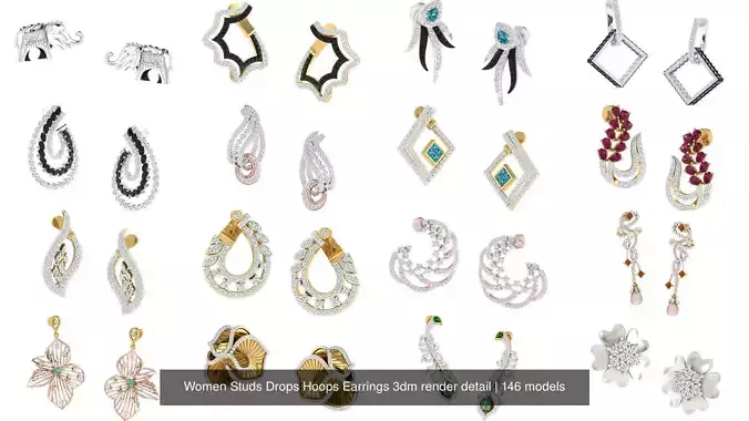 146 Women Studs Drops Hoops Earrings 3dm render detail 3D Model Collection