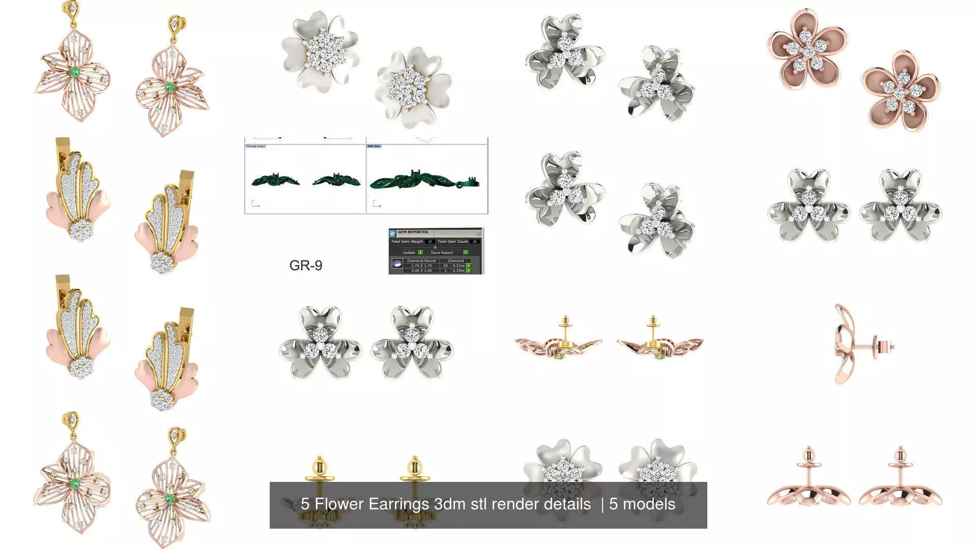 5 Flower Earrings 3dm stl render details  3D Model Collection_0
