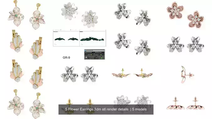 5 Flower Earrings 3dm stl render details  3D Model Collection