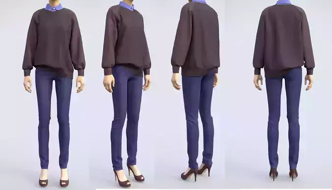 Female casual winter outfit -oversized sweater shirt denim jeans