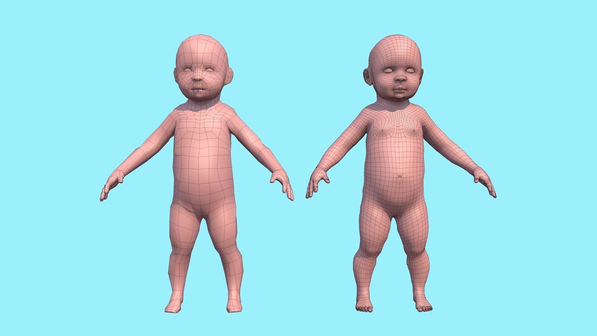 Model child with a low and high polygonal grid Low-poly 3D model_2