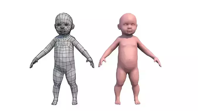 Model child with a low and high polygonal grid Low-poly 3D model