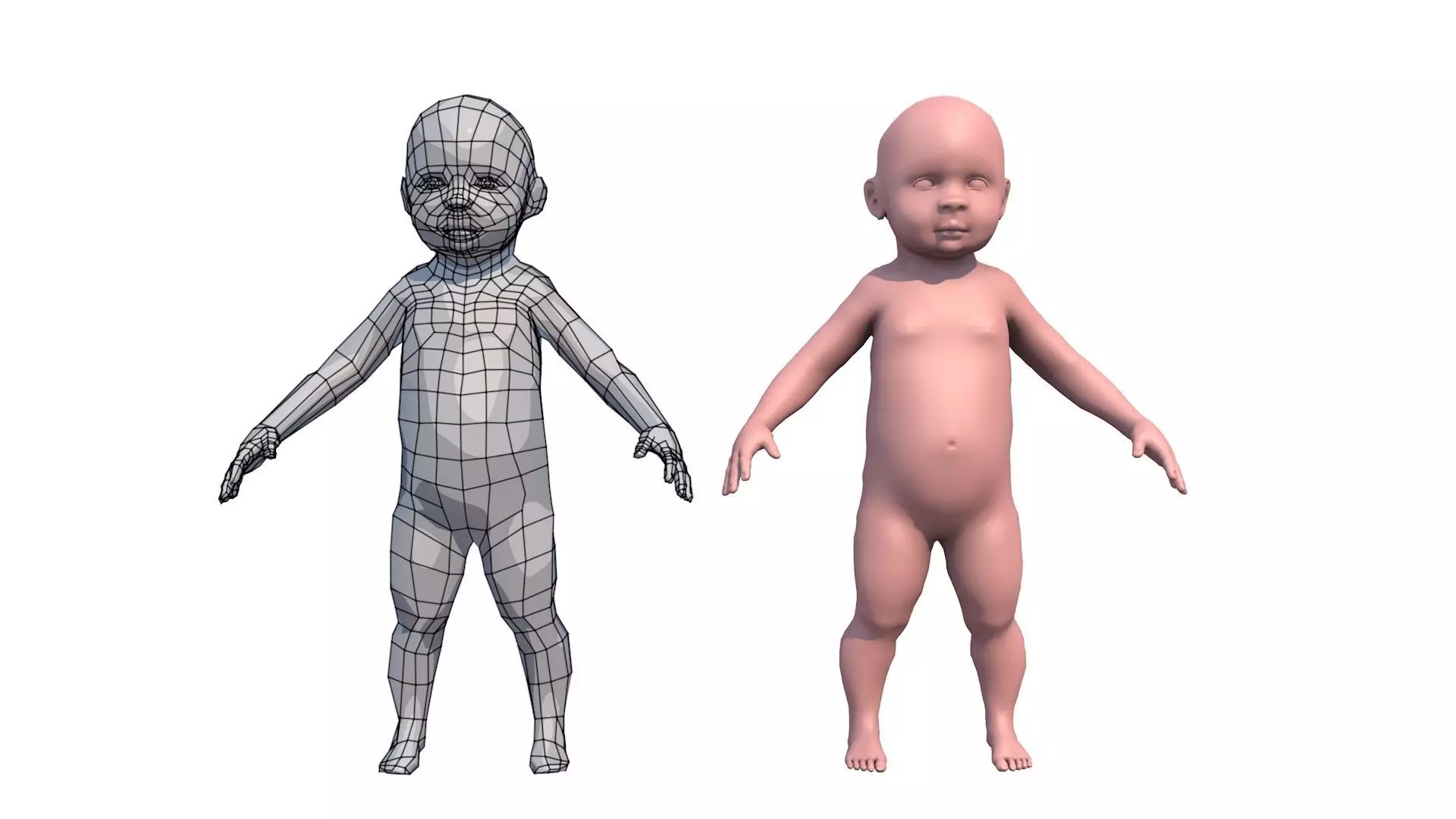 Model child with a low and high polygonal grid Low-poly 3D model_0