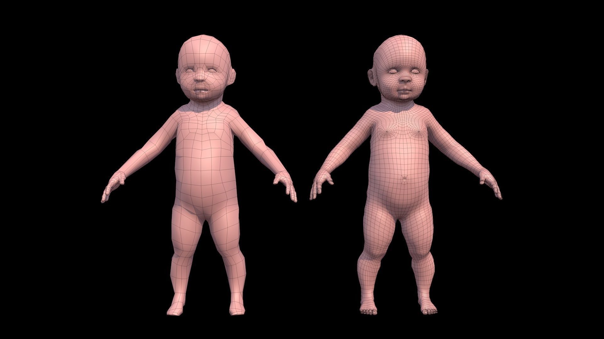 Model child with a low and high polygonal grid Low-poly 3D model_9