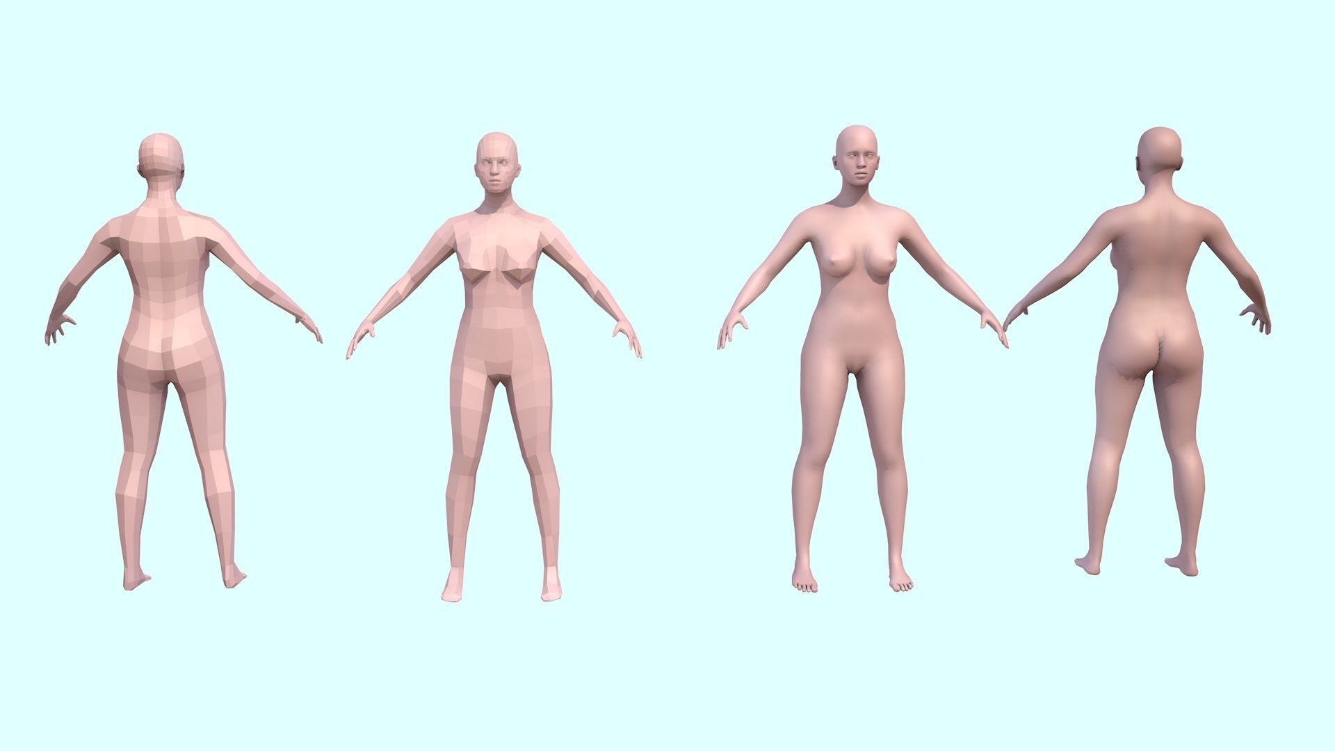 Model woman with a low and high polygonal grid Low-poly 3D model_2