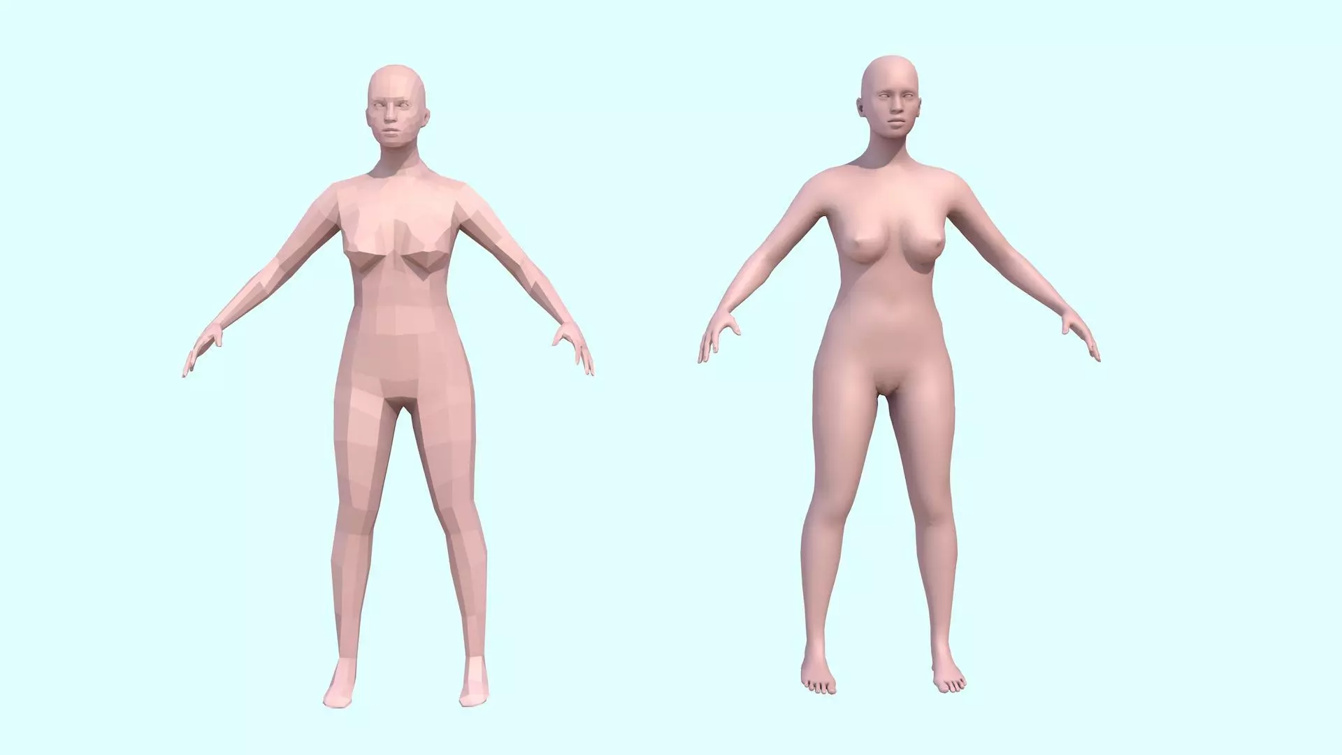 Model woman with a low and high polygonal grid Low-poly 3D model_0