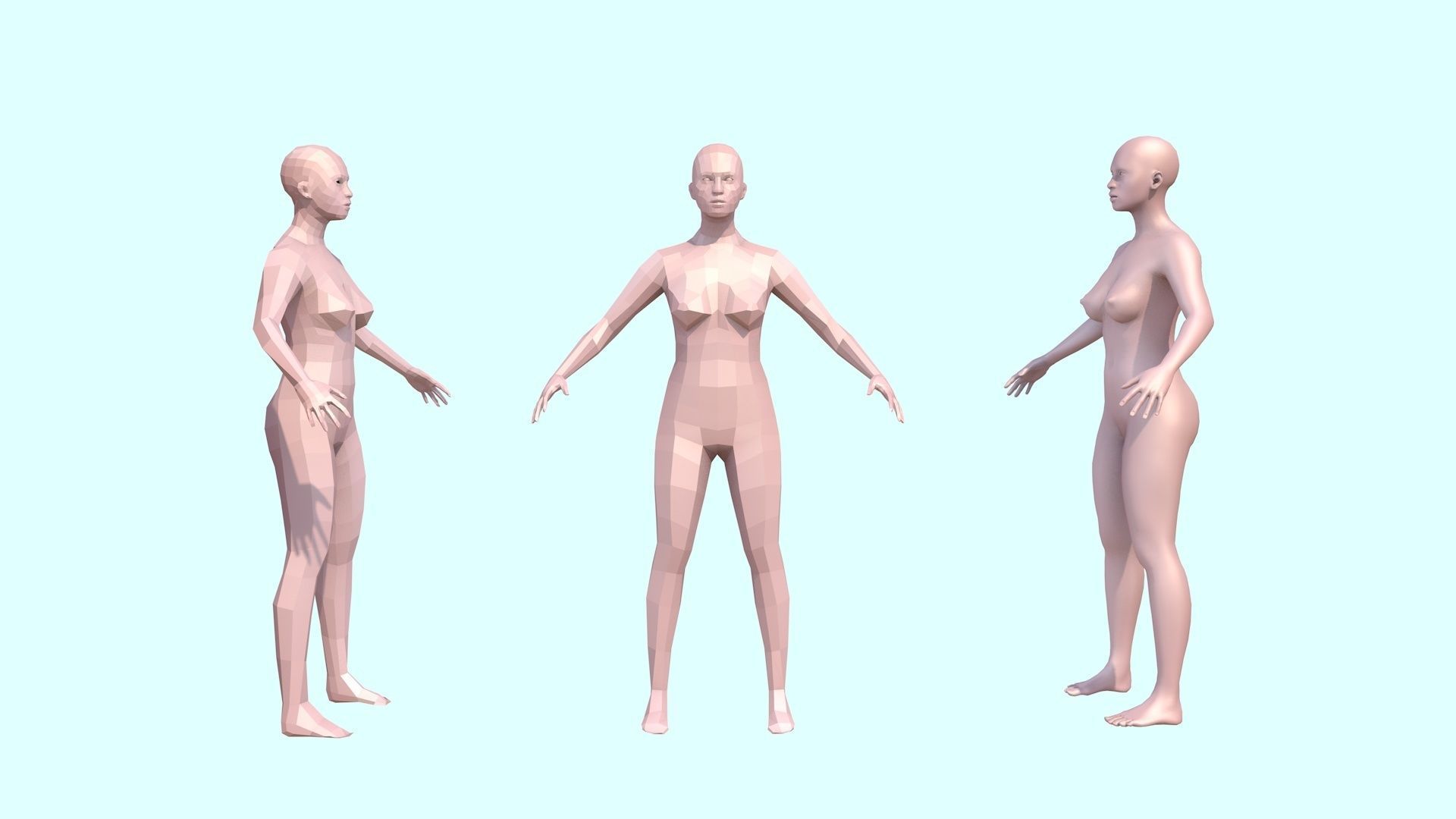 Model woman with a low and high polygonal grid Low-poly 3D model_9