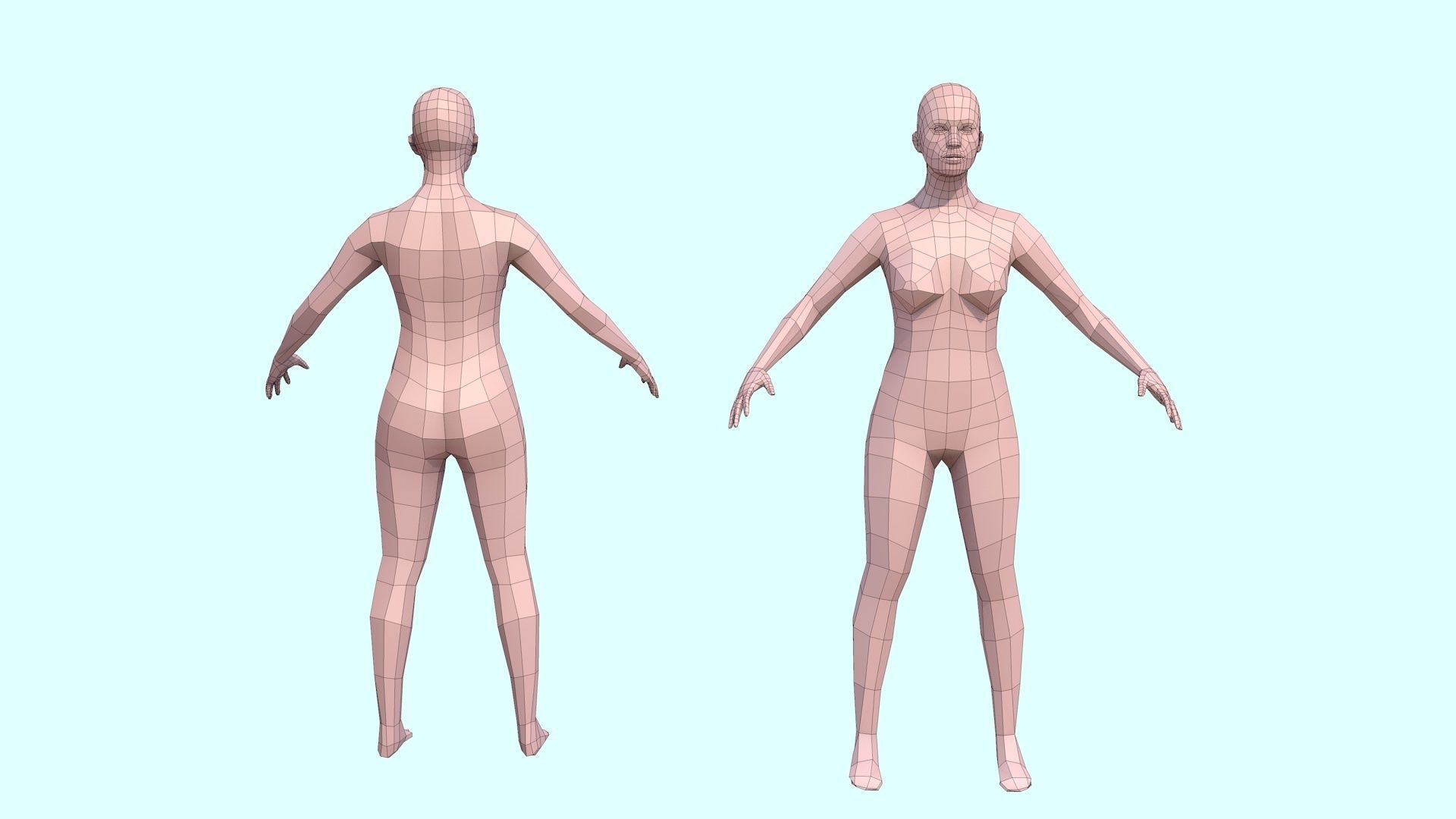 Model woman with a low and high polygonal grid Low-poly 3D model_6