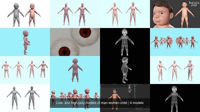 Low- and high poly models of man women child 3D Model Collection