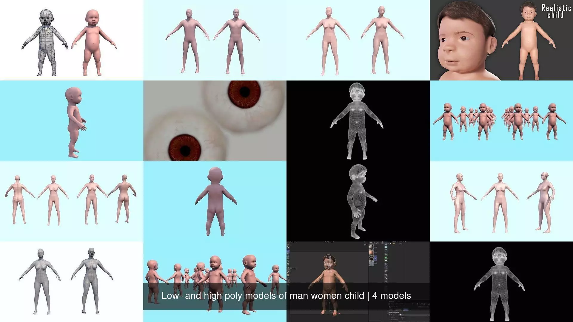 Low- and high poly models of man women child 3D Model Collection_0