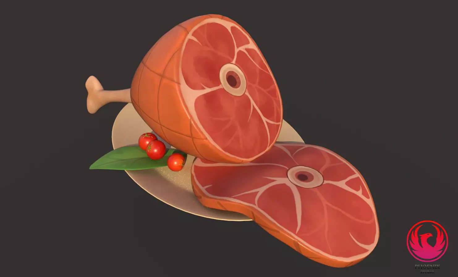 Ham 3D model piece of meat on plate Low-poly 3D model