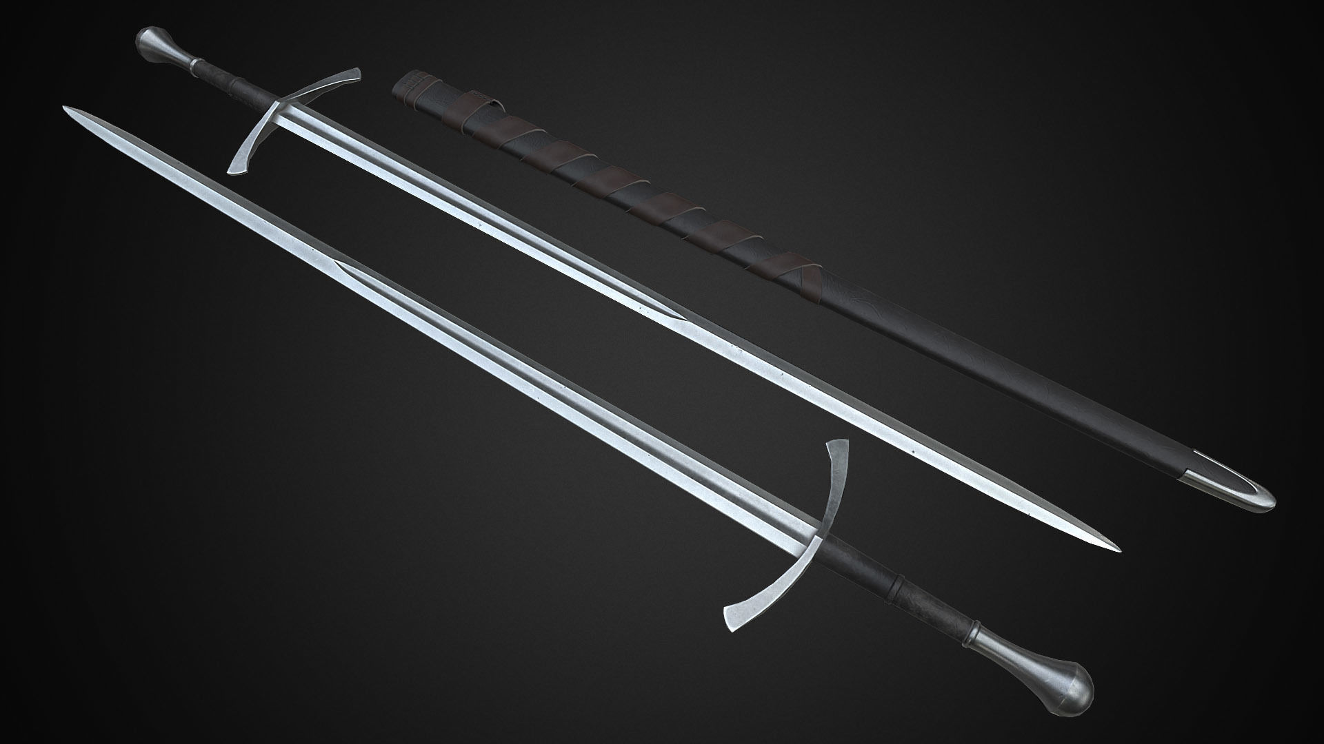 Medieval One Hand Swords with Scabbard Pack Low-poly 3D model_1