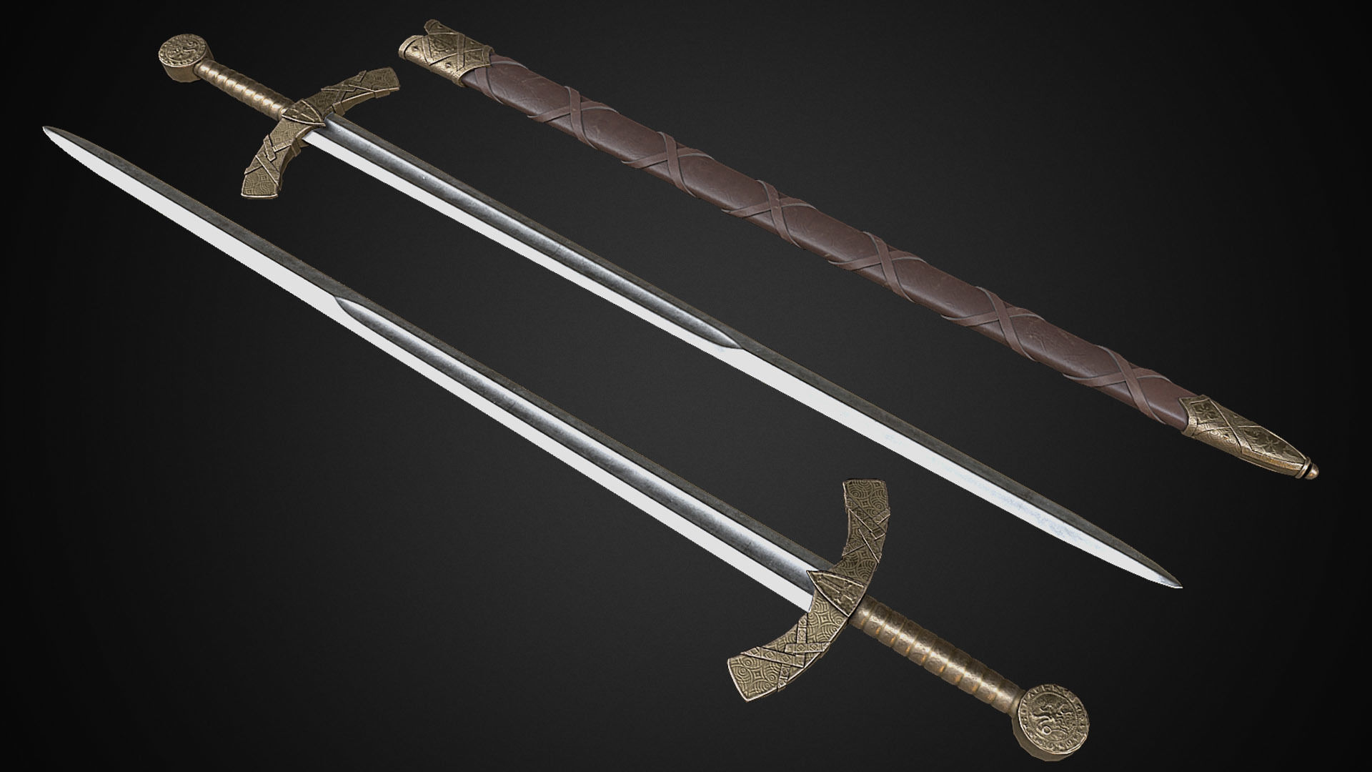 Medieval One Hand Swords with Scabbard Pack Low-poly 3D model_24