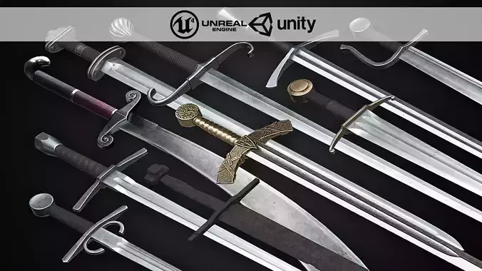 Medieval One Hand Swords with Scabbard Pack Low-poly 3D model