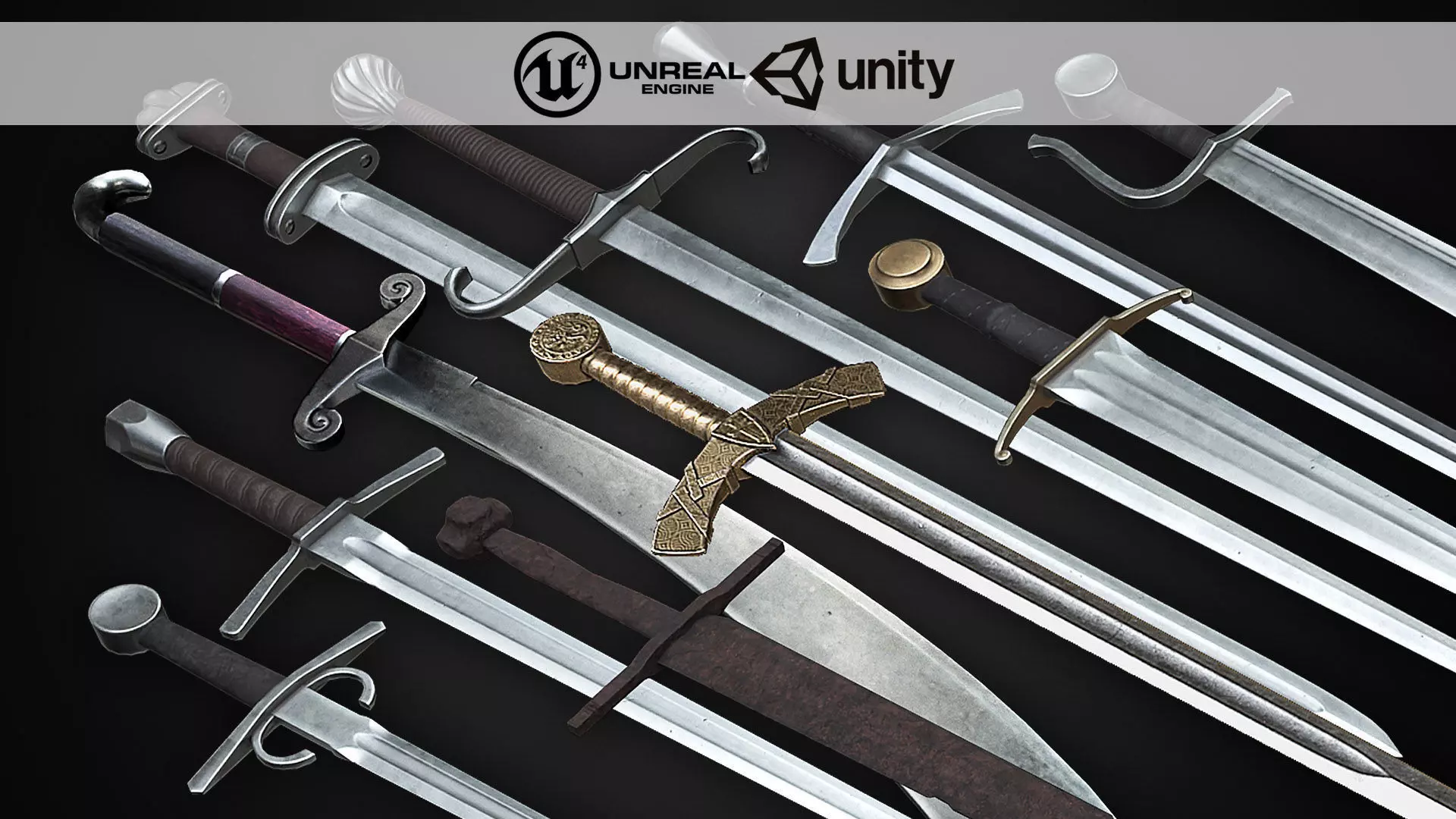 Medieval One Hand Swords with Scabbard Pack Low-poly 3D model_0