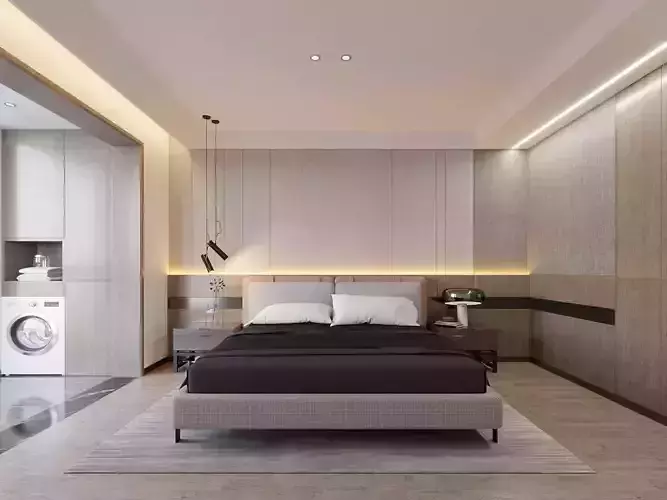 bedroom modern with bed and washing machine