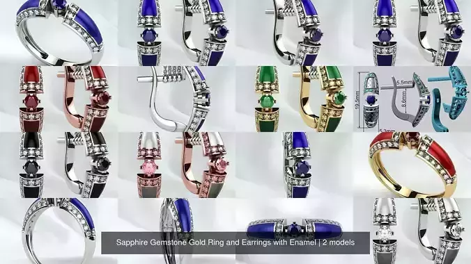 Sapphire Gemstone Gold Ring and Earrings with Enamel
