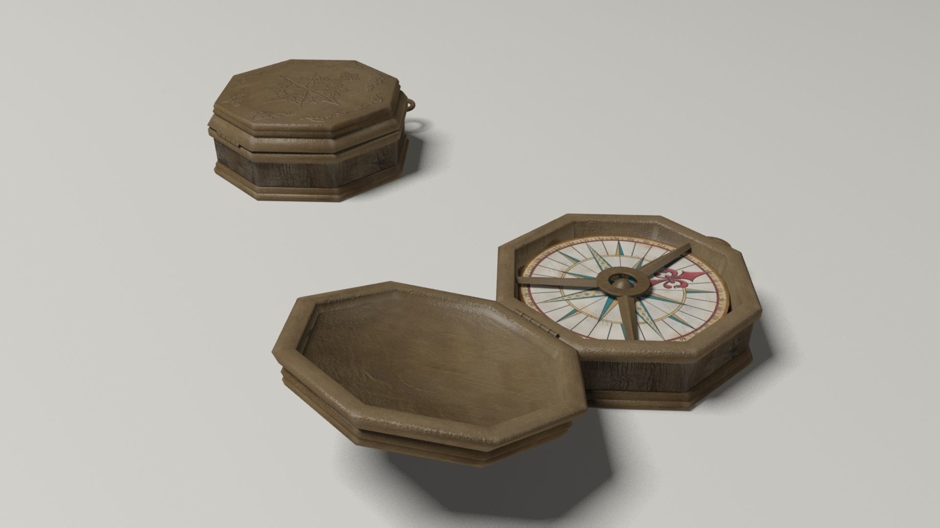 Compass in wooden box Low-poly 3D model_2