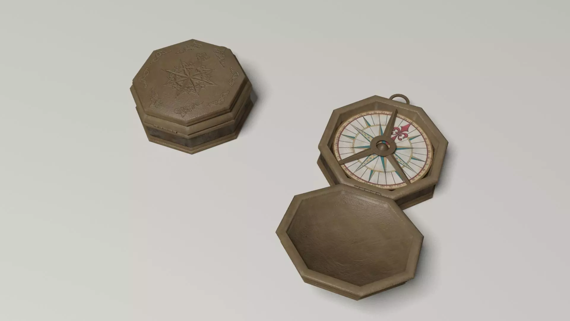 Compass in wooden box Low-poly 3D model_0
