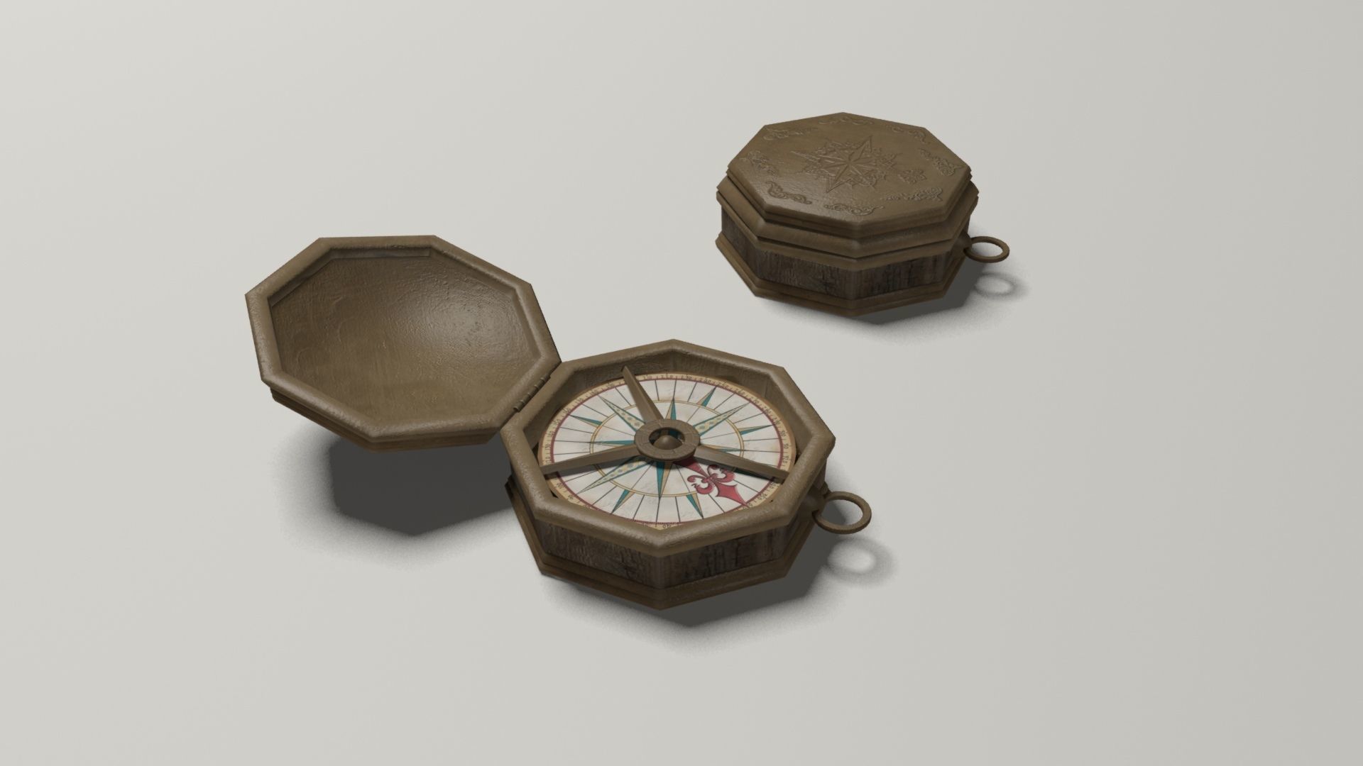 Compass in wooden box Low-poly 3D model_5
