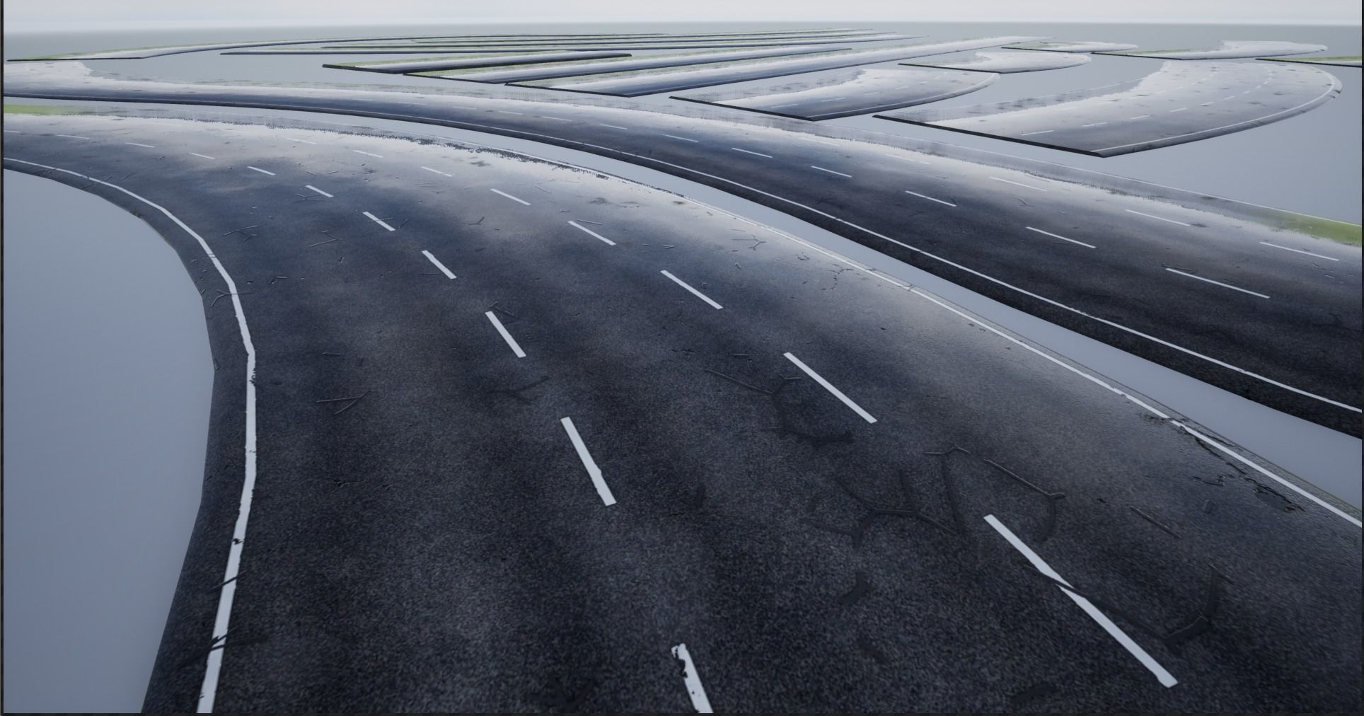 PBR 4K-2K Three-Lane Wet Modular Highway Roads Low-poly 3D model_14