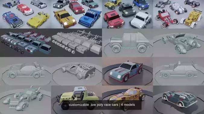 customizable  low poly race cars 3D Model Collection