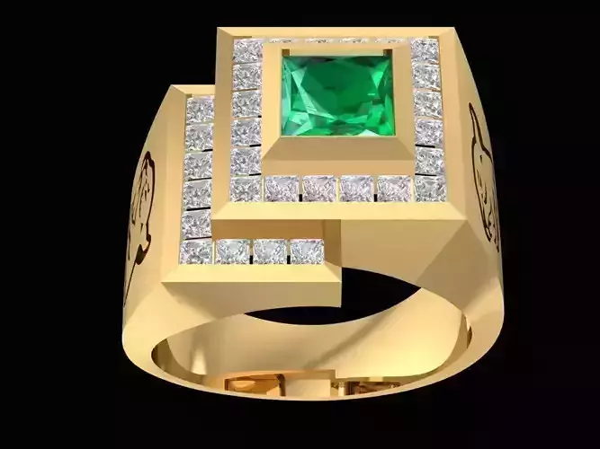 Geometric Emerald Square Tiger Signet Ring for Men  2486
