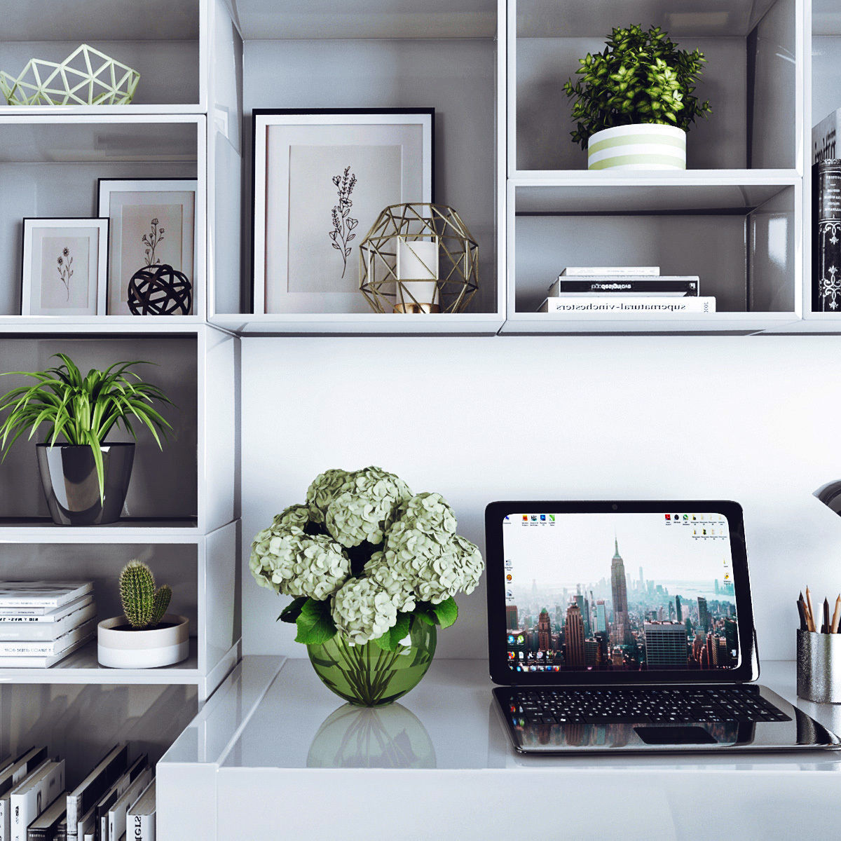 Workplace desk with bookshelves and chair Low-poly 3D model_1