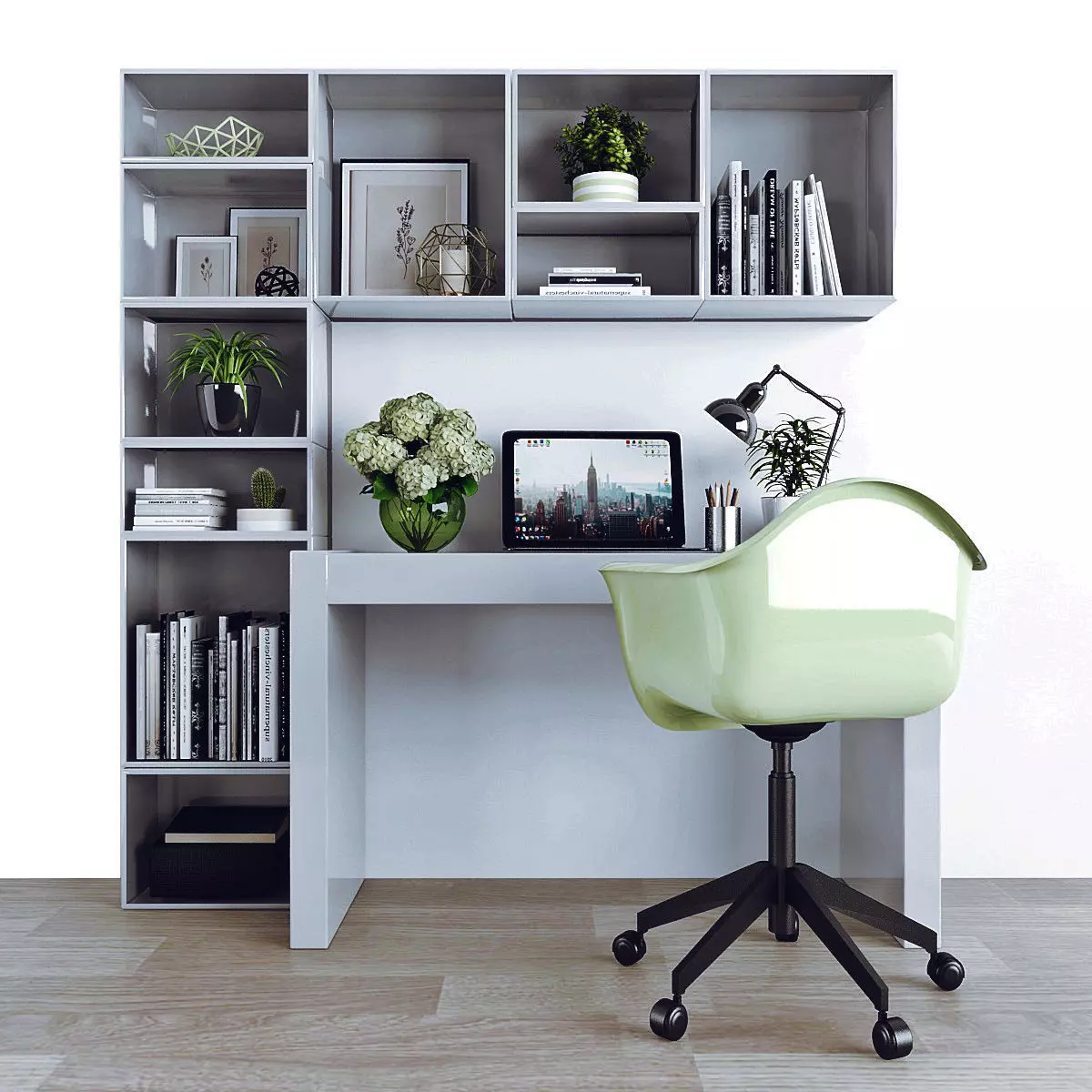 Workplace desk with bookshelves and chair Low-poly 3D model_0