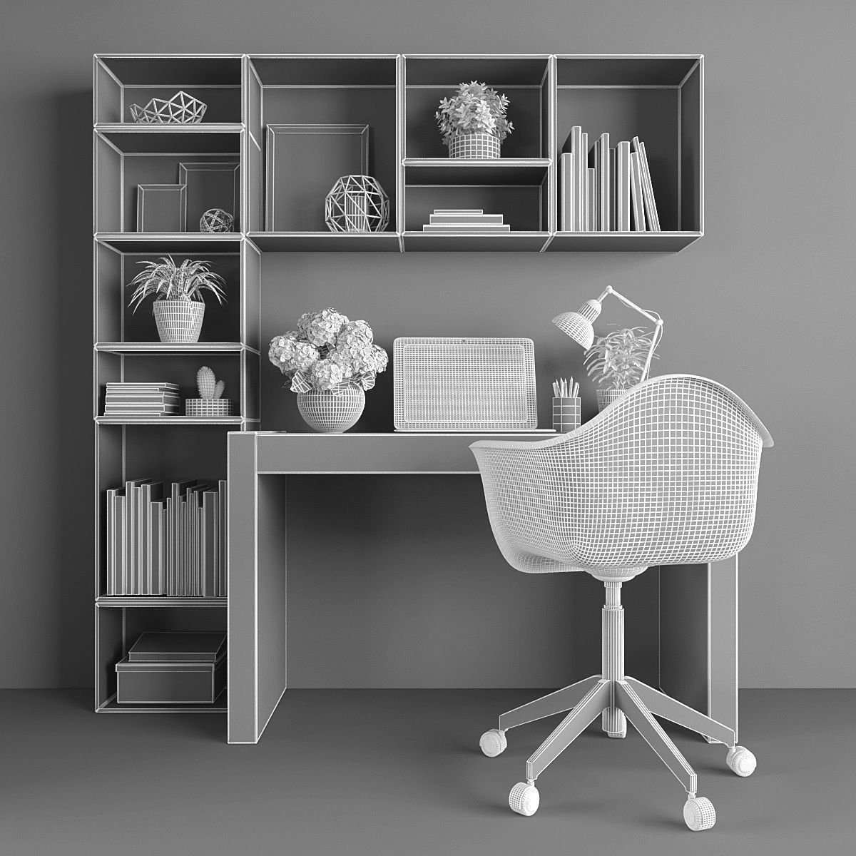 Workplace desk with bookshelves and chair Low-poly 3D model_2