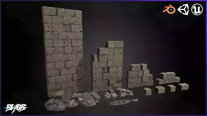 Modular Medieval Walls and ruins -   low poly 3D Models 