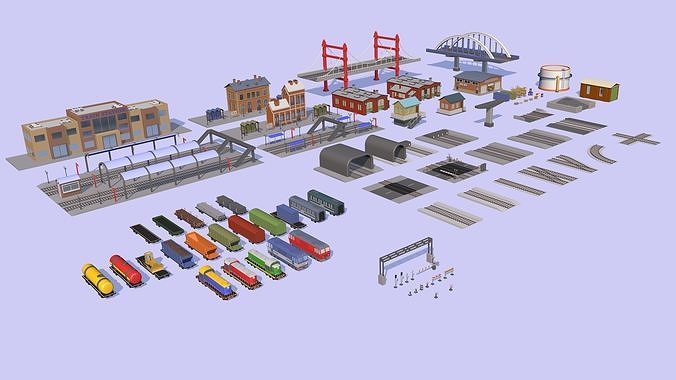 Cartoon Low-poly Railway Station Package 2 3d model Low-poly 3D model