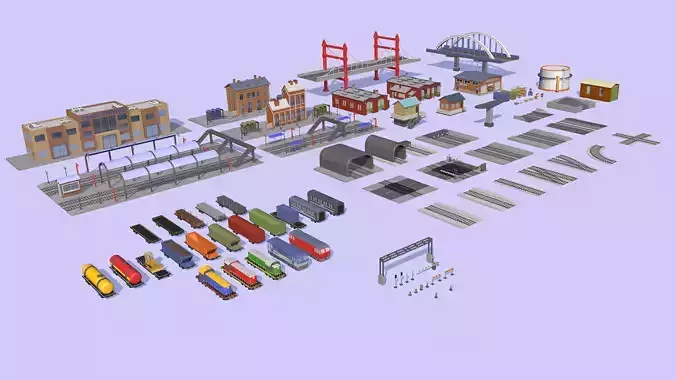 Cartoon Low-poly Railway Station Package 2 3d model Low-poly 3D model