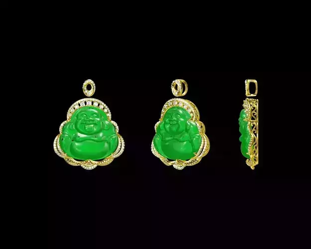 18K gold and jade Happy Buddha pendant jewelry set with diamonds