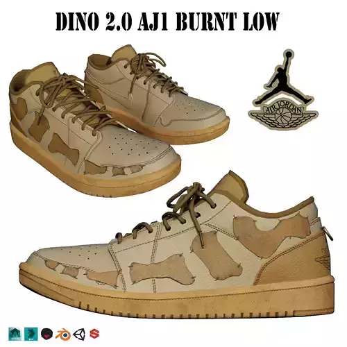 DINO 2 Air Jordan 1 BURNT LOW Shoes PBR AR VR  Low-poly 3D model