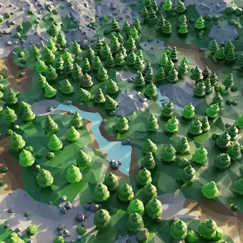 Valley low-polygonal landscape with trees and river