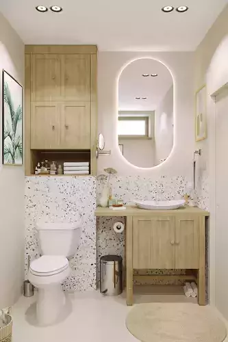 Bathroom with wooden cabinets and round mirror