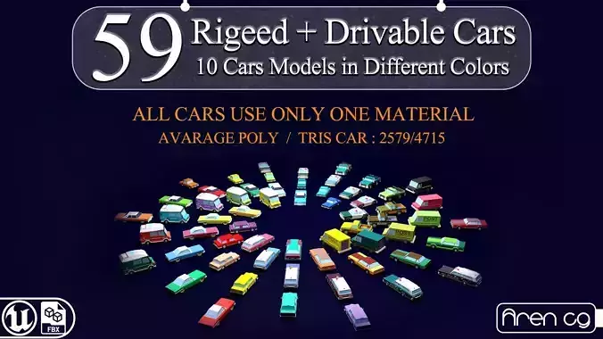59 rigged and drivable Lowpoly cars Low-poly 3D model