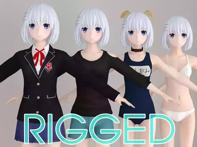 T pose rigged model of Origami Tobiichi anime girl 3D model