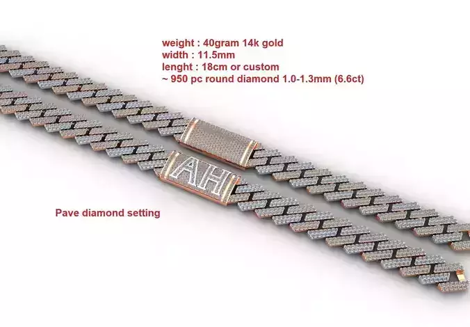 Diamond cuban chain link width 12mm no text or custom text 3D print model