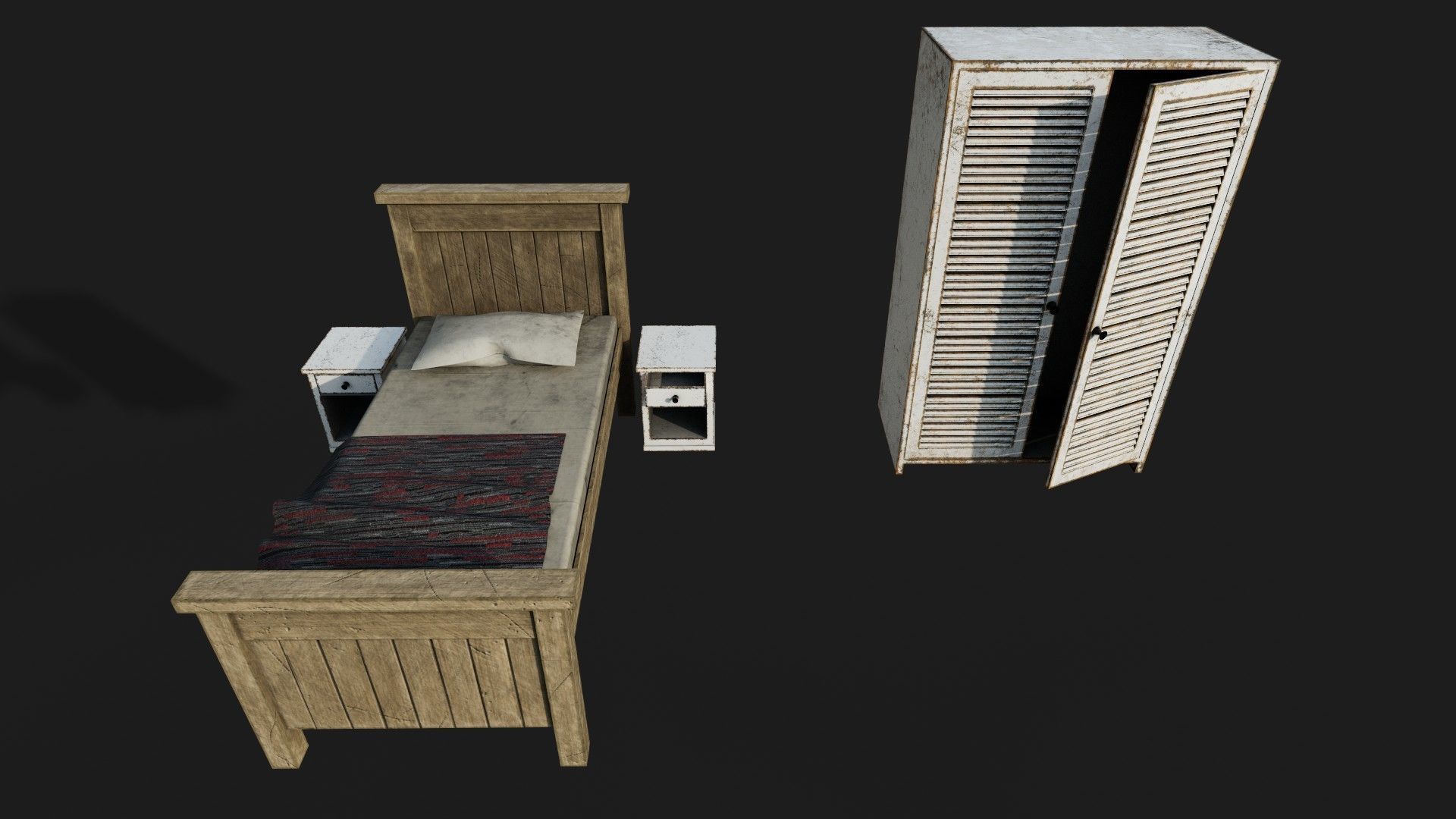 Old Bedroom Furniture Low-poly 3D model_1