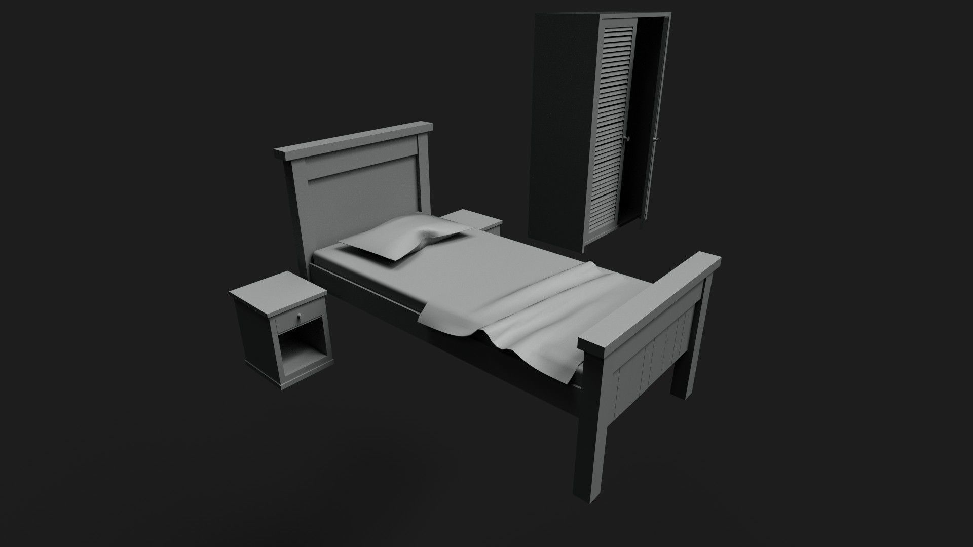 Old Bedroom Furniture Low-poly 3D model_7