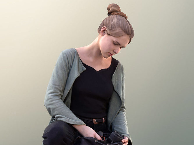 Marie 10694 - Woman Kneeling With Kamera And Bag Low-poly 3D model