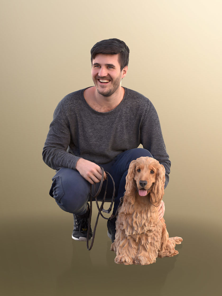Sean Teddy 10791 - Casual Man With His Dog Crouching Low-poly 3D model_2